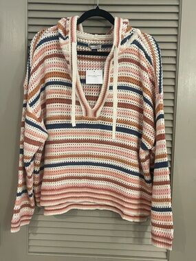 American Eagle Striped Crochet Hoodie Sweater in Cream, Pink & Blue